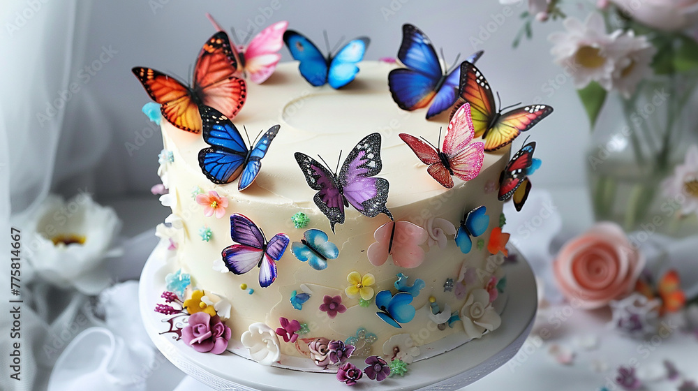 A charming birthday cake embellished with whimsical edible butterflies, ready for celebration.