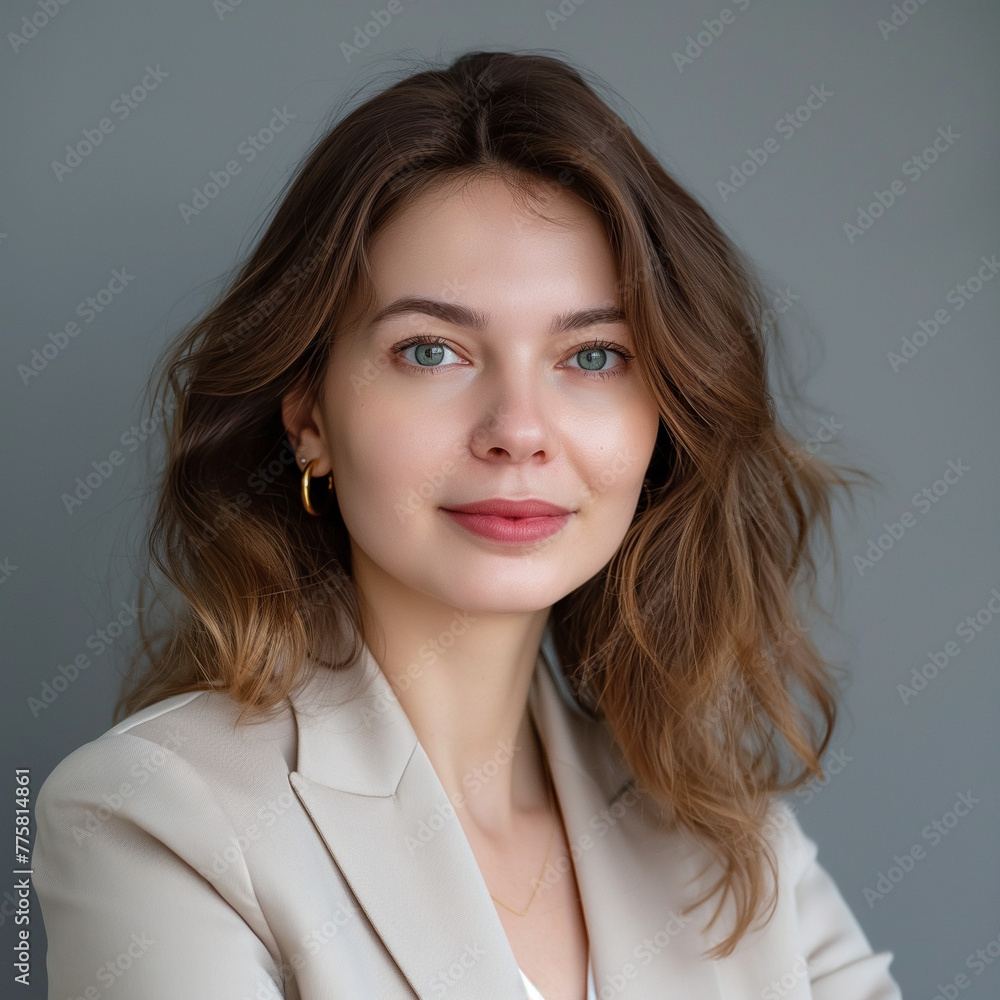 Portrait photo of a beautiful woman with shoulder-length brown hair, wearing a beige jacket Portrait photo of a beautiful woman with shoulder-length brown hair, wearing a beige jacket