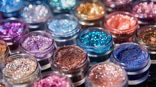 Assorted glitter in various colors in clear containers.
