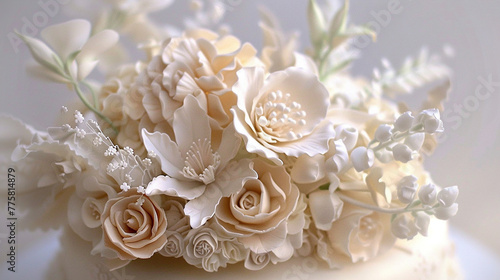 A delicate sugar flower bouquet adorning a pristine white birthday cake masterpiece.