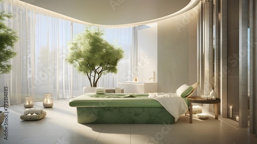3d rendering of a modern bedroom with a large window and a green bed