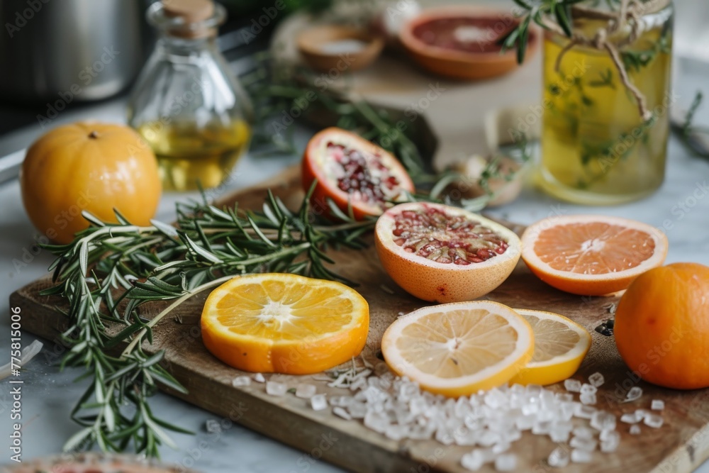 Sliced oranges, lemons, and a halved pomegranate on a wooden board with herbs and sea salt, kitchen background Sliced oranges, lemons, and a halved pomegranate on a wooden board with herbs and sea salt, kitchen background