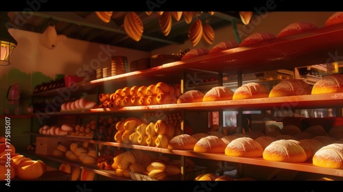 Artisan bread on bakery shelves. Warm tone indoor photography.