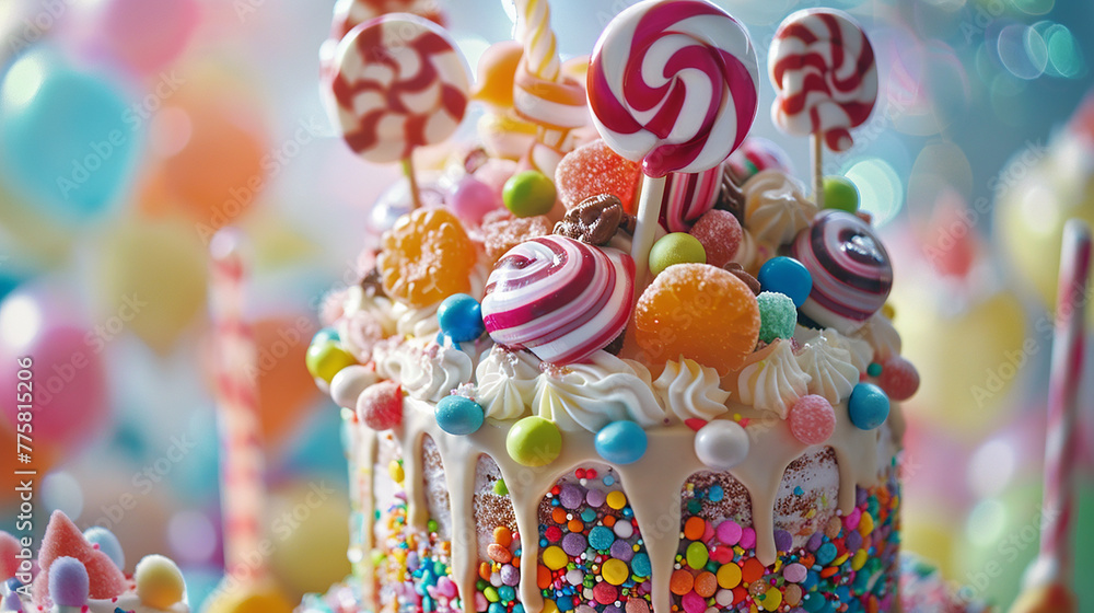 A playful array of candy toppings adorning a whimsical birthday cake creation.