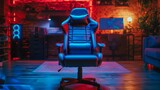 Comfortable chair in illuminated gaming den