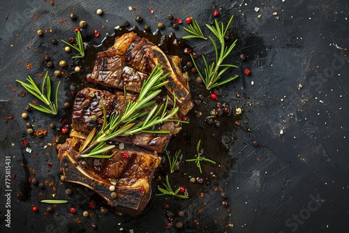 Aged beef steak on the bone with rosemary and spices. place for text. view from above. generative ai