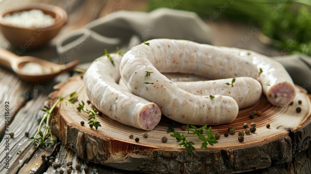 Raw white sausages with herbs on wooden board. Raw white sausages with herbs on wooden board.