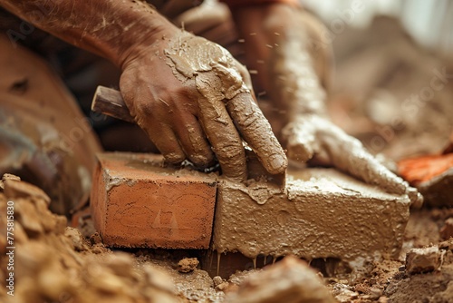 Capturing the essence of hard work and precision a bricklayer expertly lays brick on cement mix on a construction site, embodying the drive to alleviate the housing crisis with affordable housing