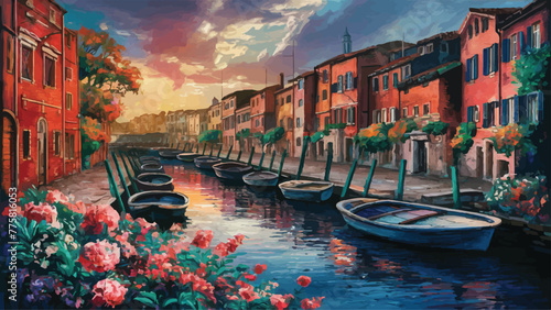 Tranquil Waters Capturing the Charm of Canal-side Architecture and Serene Sunsets in a Vibrant Painting