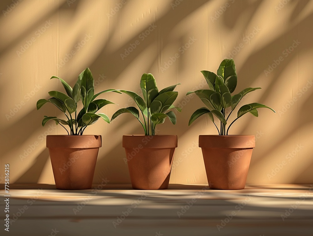 Three potted houseplants basking in the gentle patterns of sunlight through blinds. Three potted houseplants basking in the gentle patterns of sunlight through blinds.