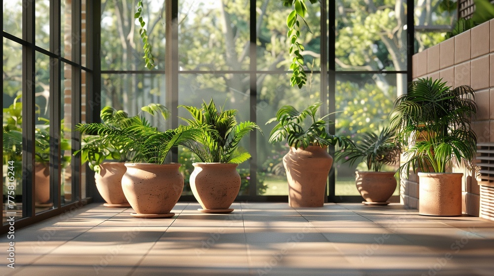 Row of terracotta plant pots in a bright conservatory with a lush view of greenery outside.