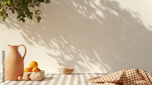 Picnic setting with a terracotta pitcher and fruit bowl under a tree's dappled light. photo