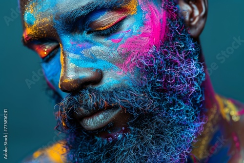 Striking portrait of a man with a colorful painted face and beard, symbolizing creativity and uniqueness