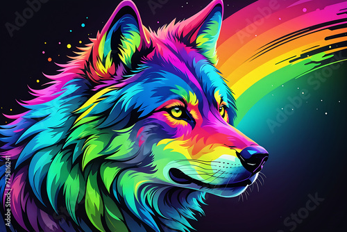 colorful wolf head illustration with rainbow colors on black background