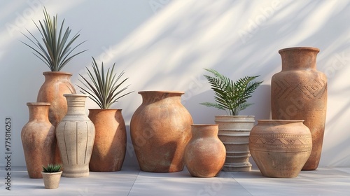 Assortment of traditional terracotta pots with plants casting soft shadows in sunlight.