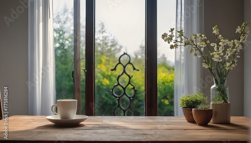 Beautiful spring or summer window with cup on wood table with copy space