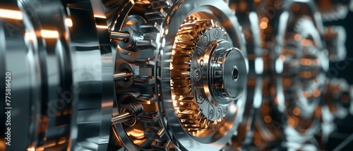 Close-up view of intricate metal gears and cogs within a machinery concept.
