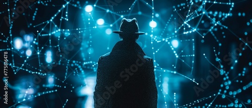 Silhouette of a detective against a complex network, representing investigation, analysis, and cyber sleuthing. © pprothien