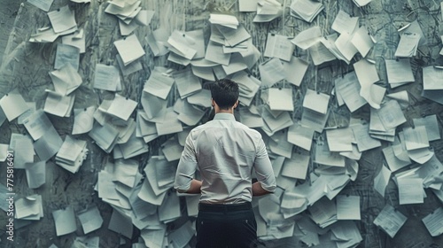 Man overwhelmed by paper notes, metaphor for information overload, organization, and planning. © pprothien