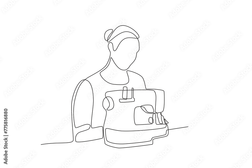 Female seamstress is sewing.Business small one-line drawing