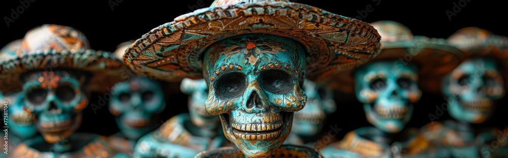Skull sculpture decorated in the style of the Mexican holiday Day of the Dead with exquisite patterns and bright colors on a wide-brimmed hat.