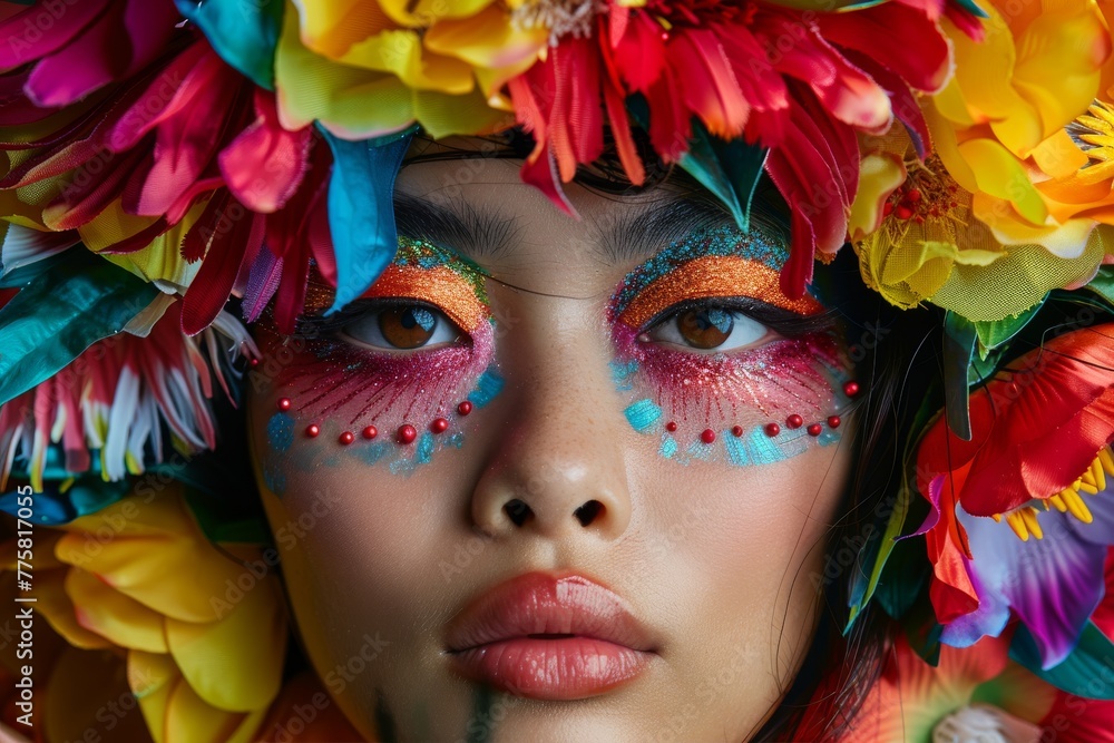 Close-up of a model's face with eclectic floral makeup and a captivating expression