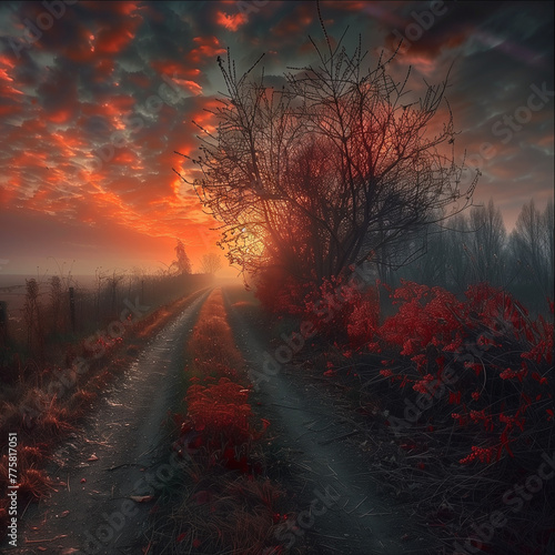 Red sunrise over an old country road © Наталья Мирошниченко