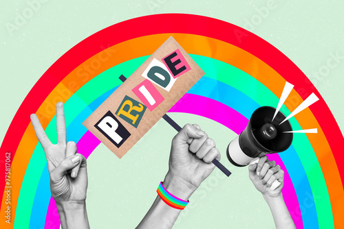 Composite image collage of hand hold picket colorful rainbow lgbt bullhorn propaganda tolerance symbol isolated on colorful background © deagreez