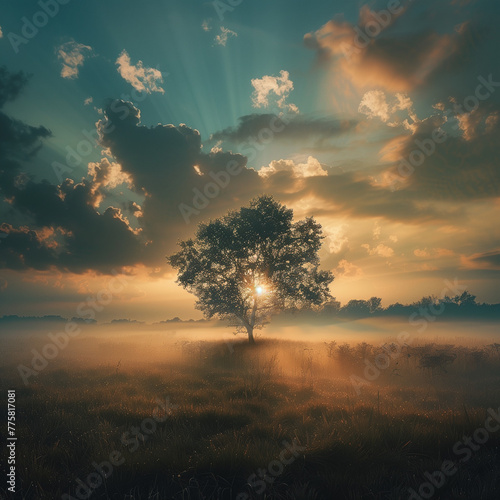 Lonely tree in a field flooded with the soft light of the rising sun