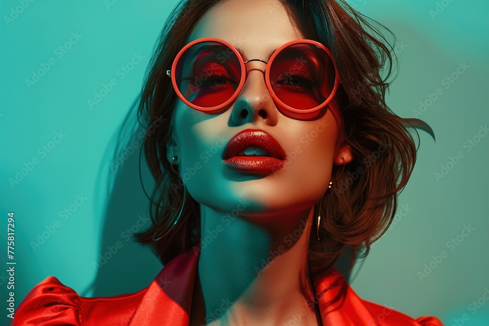 A woman wearing red sunglasses and red lipstick A woman wearing red sunglasses and red lipstick