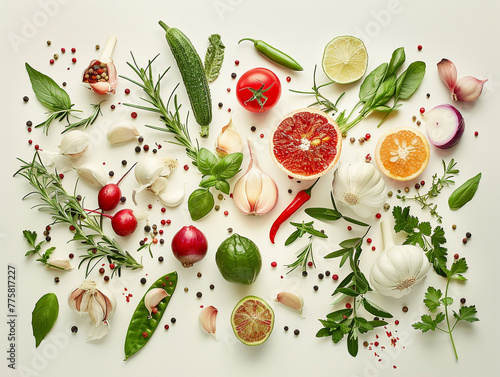 Assorted Fresh Produce and Spices on White
