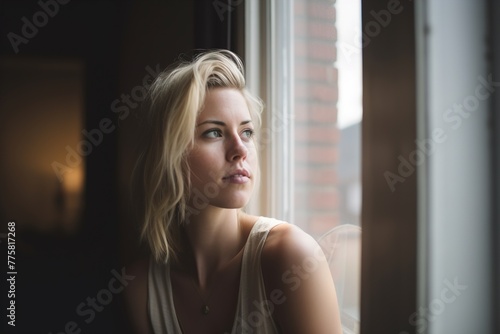A woman with blonde hair is looking out the window