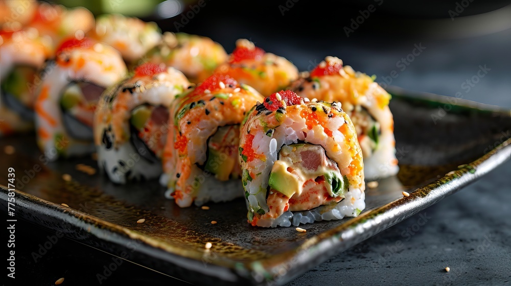 Deluxe Sushi Platter Showcasing an Array of Fresh Sushi Rolls with Bright Toppings on a Modern Black Plate Deluxe Sushi Platter Showcasing an Array of Fresh Sushi Rolls with Bright Toppings on a Modern Black Plate