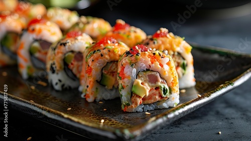 Deluxe Sushi Platter Showcasing an Array of Fresh Sushi Rolls with Bright Toppings on a Modern Black Plate