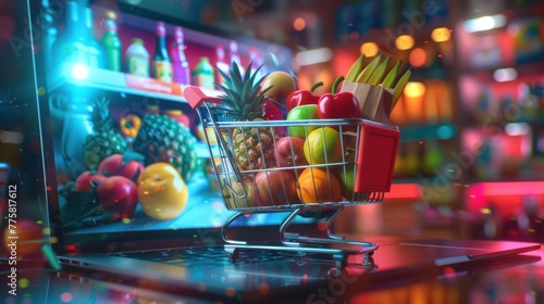 Up-close perspective of a laptop display featuring a cart filled with an assortment of products, showcasing e-commerce versatility.
