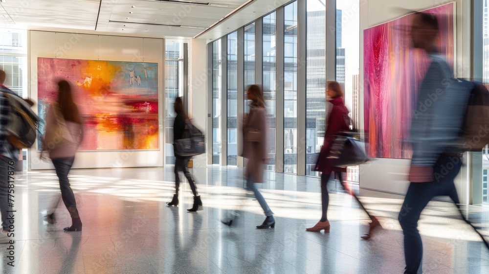 Fototapeta premium Multicultural team in contemporary office with city views and vibrant artworks.