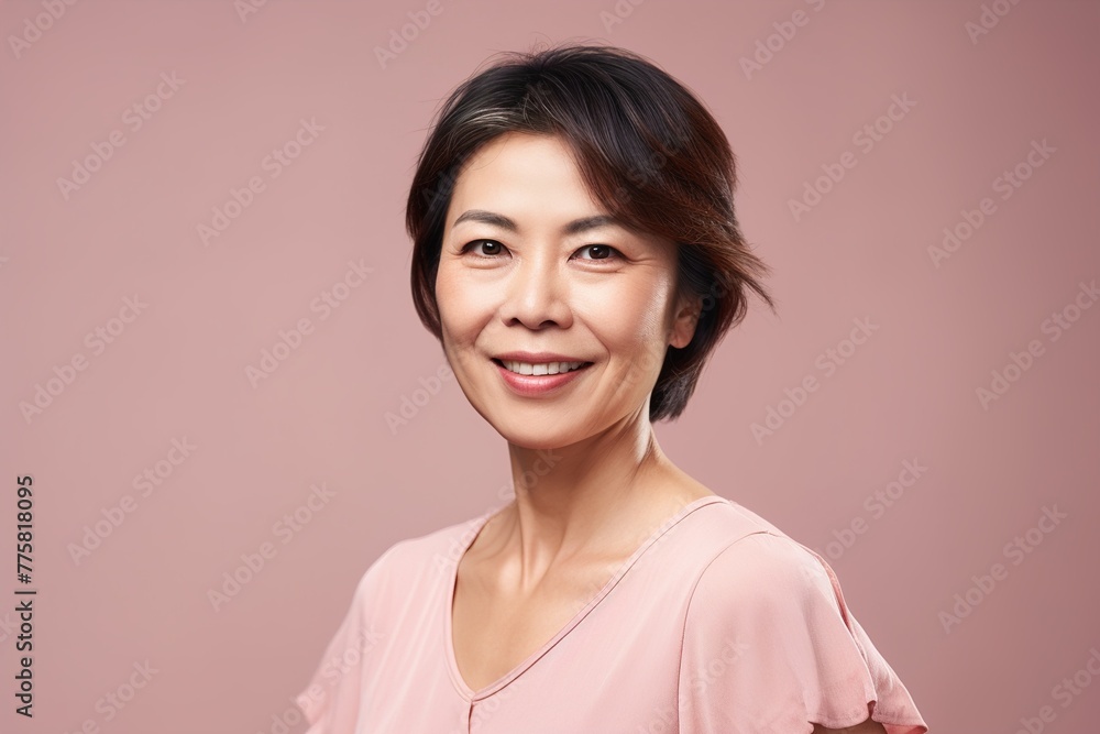 A woman with a pink shirt is smiling
