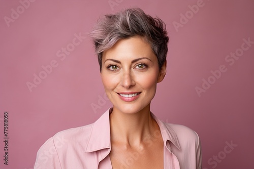 A woman with short hair and pink shirt is smiling