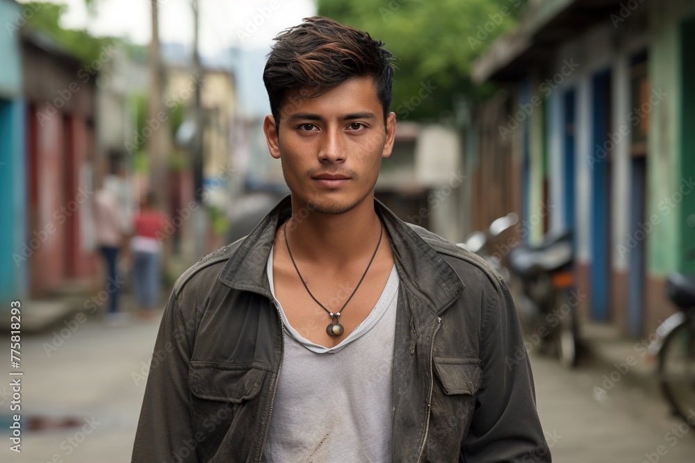 A man wearing a black jacket and a necklace stands in front of a building A man wearing a black jacket and a necklace stands in front of a building