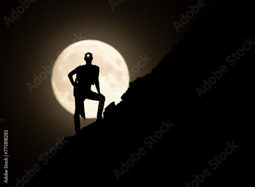 The silhouette of a climber is dramatically outlined against the backdrop of a brilliant full moon on a clear night, capturing the spirit of exploration