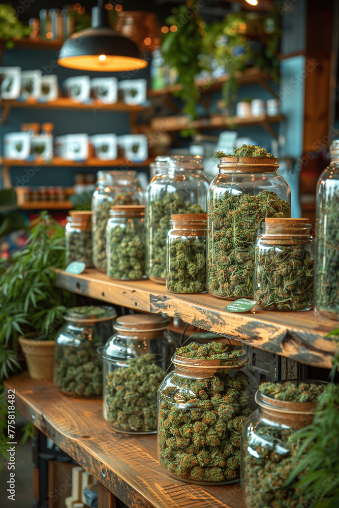 Fototapeta premium The cannabis store. Marijuana on the store counter in jars