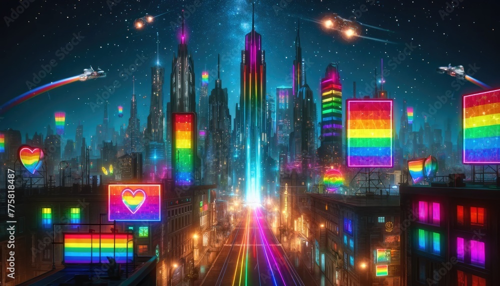 Cyberpunk City. LGBTQ. Pride Month. Rainbow Neon Light. Future City