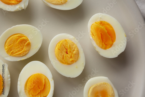 Cooked Hard Boiled Eggs on a Plate, top view. Close-up. © Liudmyla