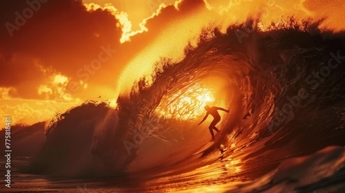Surfer in Golden Sunset Wave - A dramatic silhouette of a surfer conquering a colossal wave's barrel, the setting sun casting golden hues over the ocean