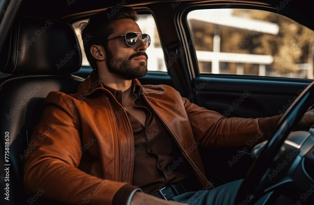 Stylish man driving in a leather jacket and sunglasses, relaxed and confident.