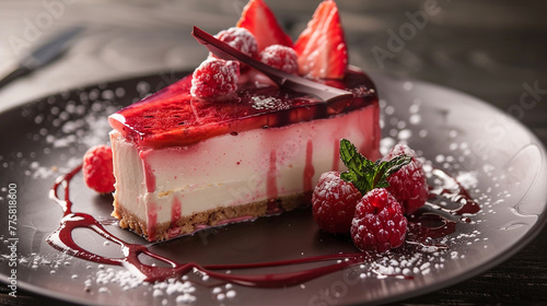 Layers of velvety cheesecake adorned with vibrant fruit compote, a culinary masterpiece. photo