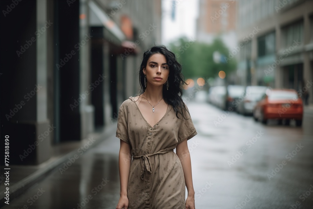 A woman in a brown dress walks down a wet city street