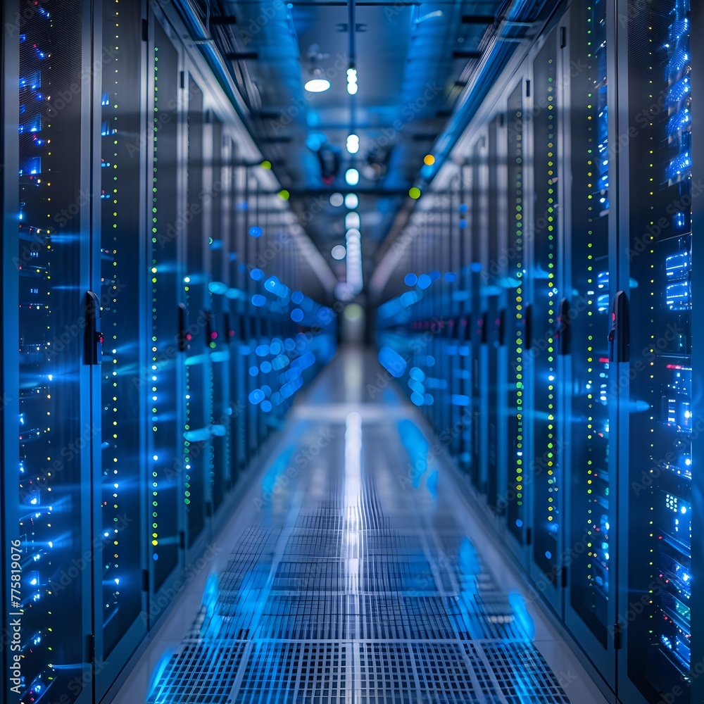 A room filled with dark blue computer servers. A room filled with dark blue computer servers.