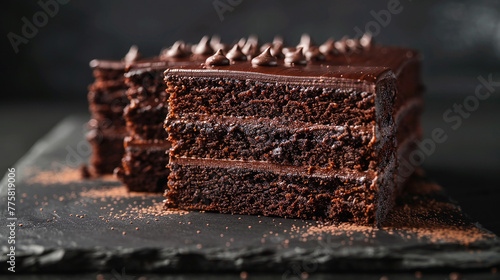 Slices of decadent chocolate cake layered with velvety ganache, an irresistible treat.