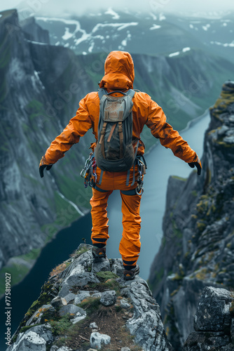 Base jumper prepared to jump from mountain cliff